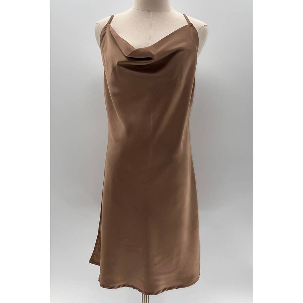 Amaryllis Brown Silk Like Cowl Neck Tank Slip Dress With Adjustable Straps- S